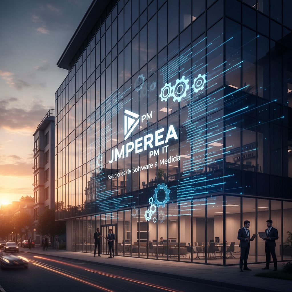 Edificio de oficinas moderno con el logotipo de JMPEREA PM IT proyectado sobre la fachada de cristal junto a gráficos digitales de engranajes y código.