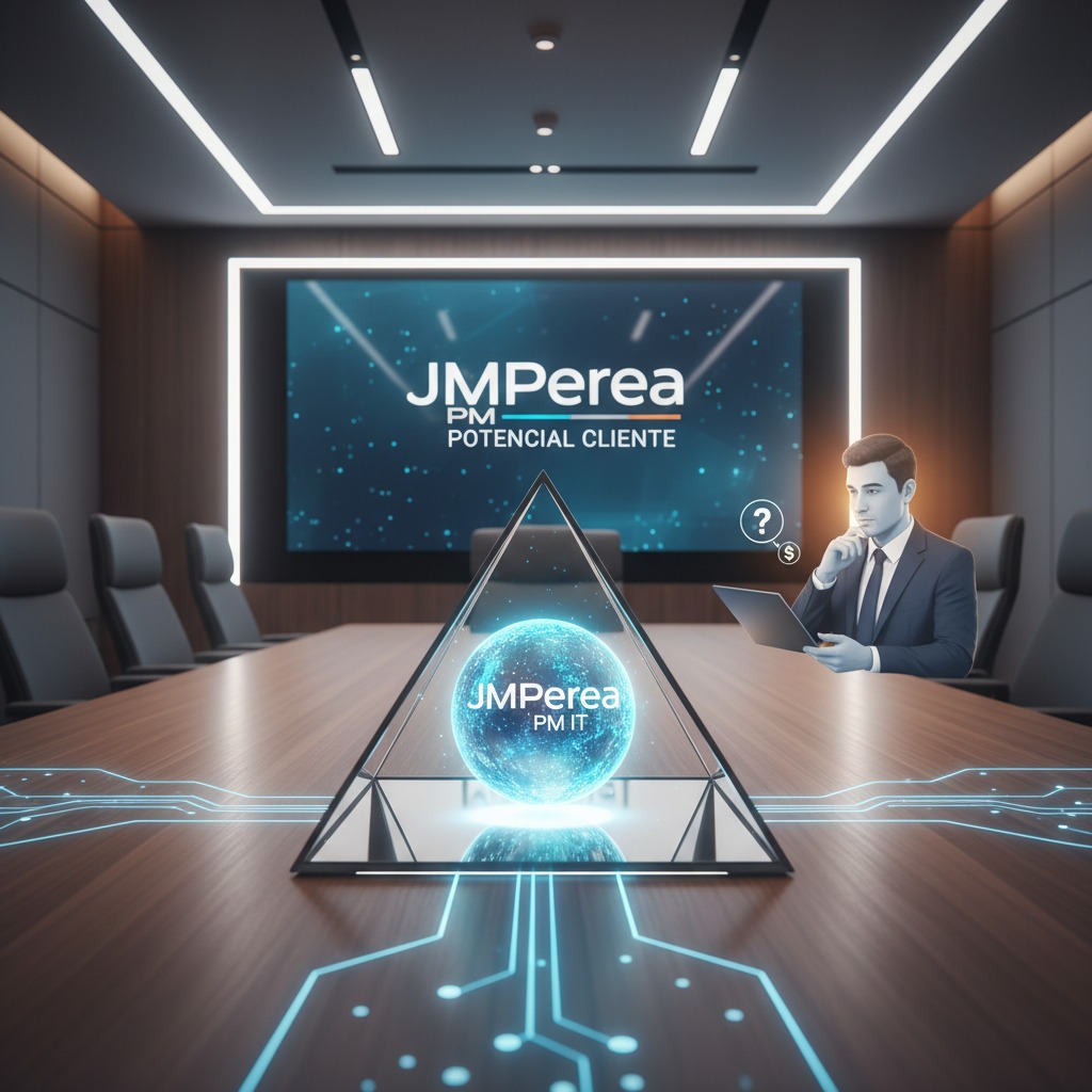 Un hombre de negocios reflexiona frente a una pirámide holográfica con una esfera digital en una sala de juntas moderna.