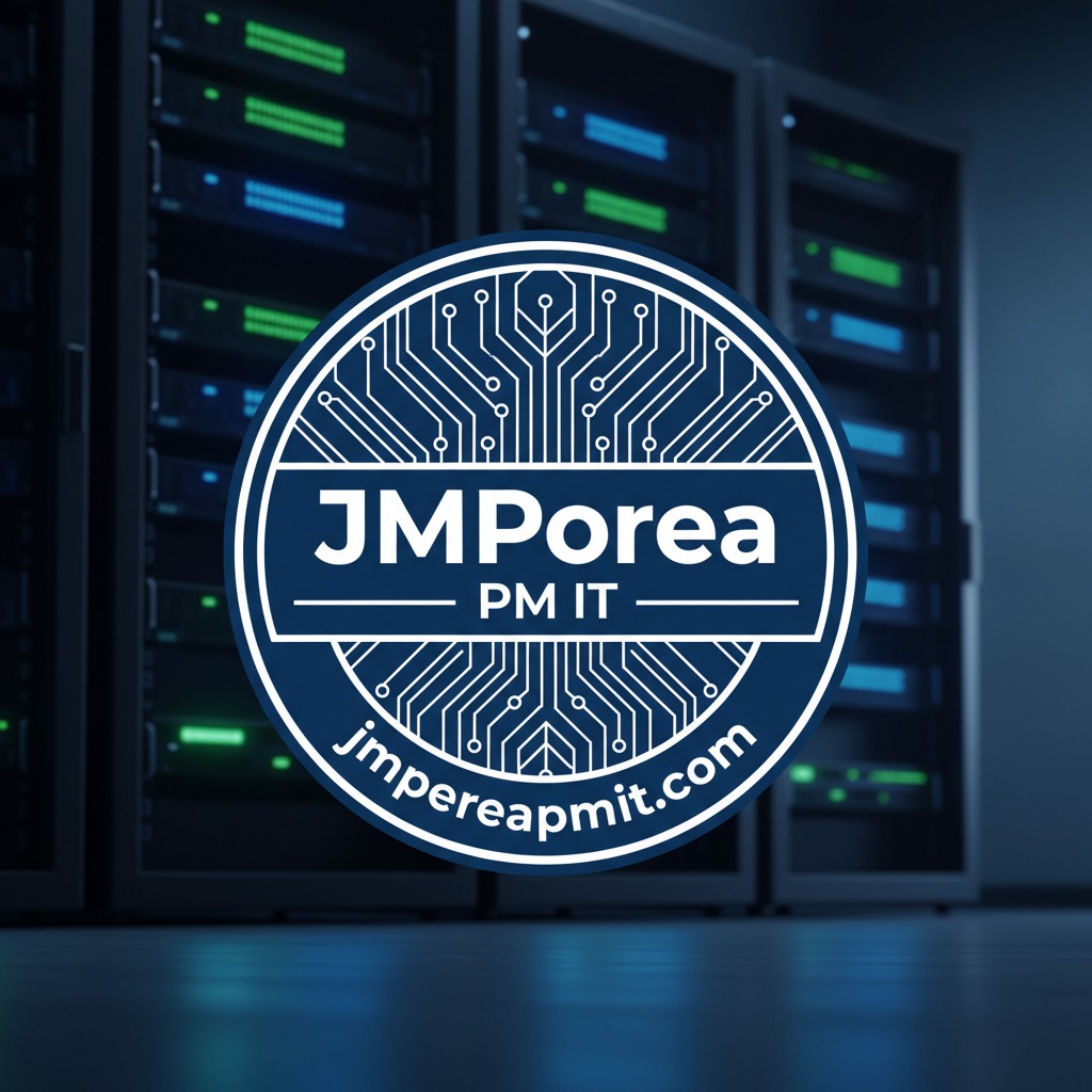 Logotipo circular de JMPorea PM IT sobre un fondo desenfocado de servidores informáticos.