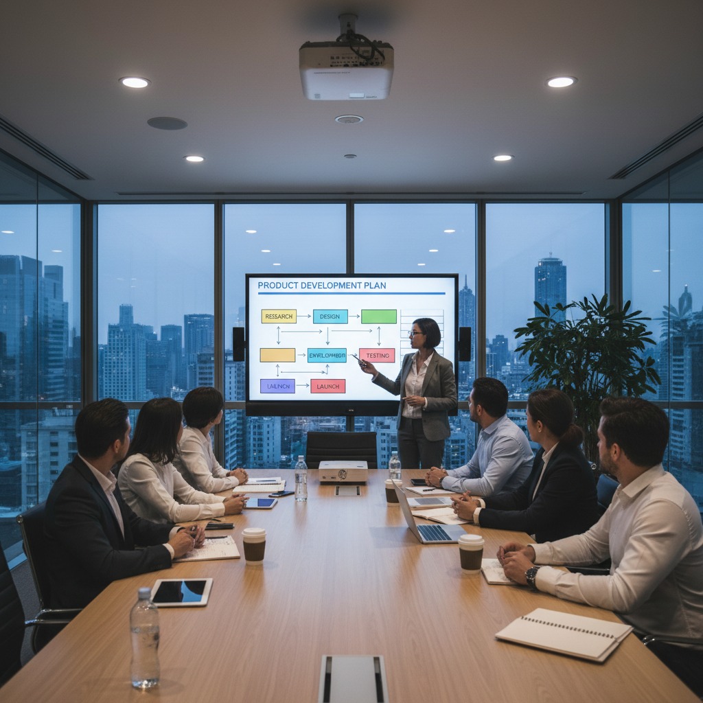 Una mujer presenta un plan de desarrollo de producto ante un equipo de profesionales en una sala de juntas con vistas a la ciudad.