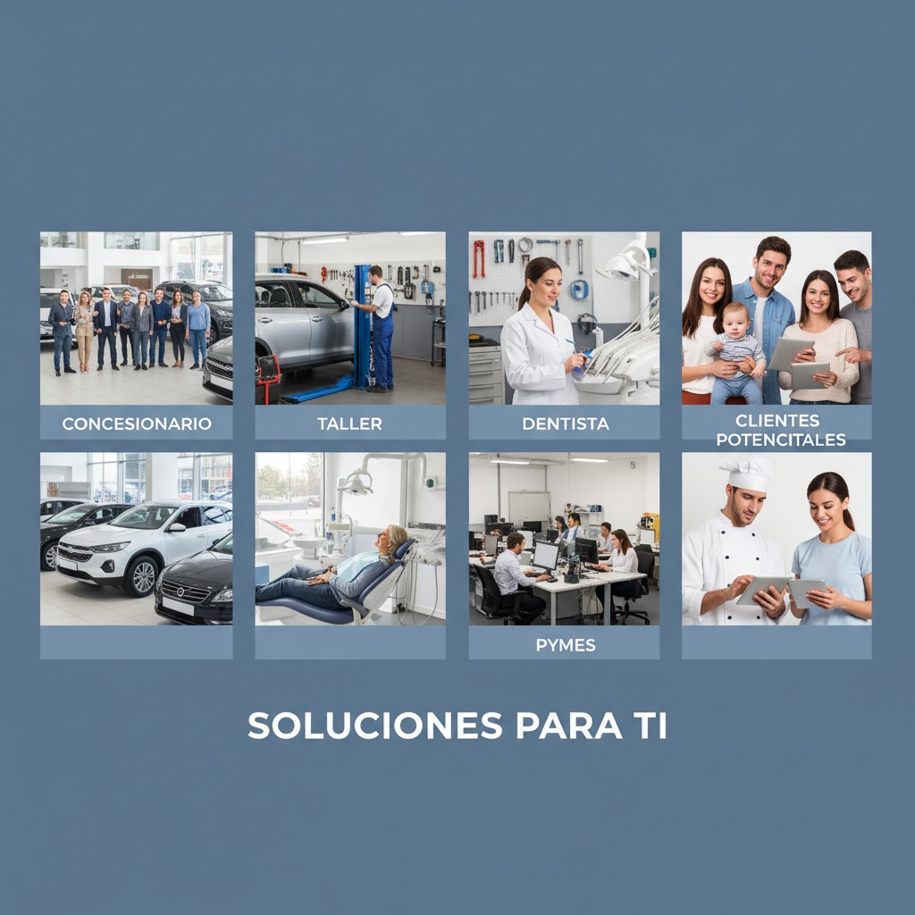 Cuadrícula de ocho imágenes que muestran diversos sectores profesionales como concesionarios, talleres, clínicas dentales y oficinas bajo el título Soluciones para ti.