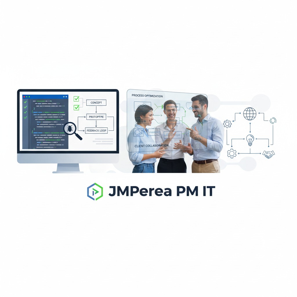 Tres profesionales colaboran en un proyecto de desarrollo de software frente a una pantalla con código y diagramas de flujo junto al logotipo de JMPerea PM IT.